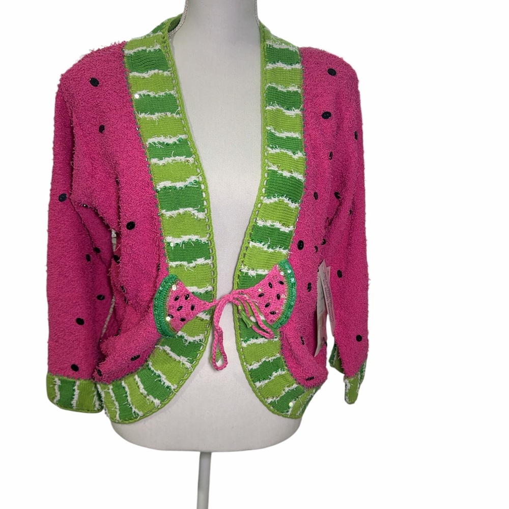 Bright Pink Polka-Dot Women's Sweater with Green Trim